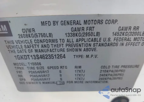 2006 GMC Envoy Slt from USA, damaged, VIN 1GKDT13S462351264